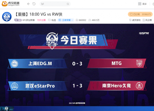 虎牙kpl:南京hero久竞三比一大胜武汉estarpro