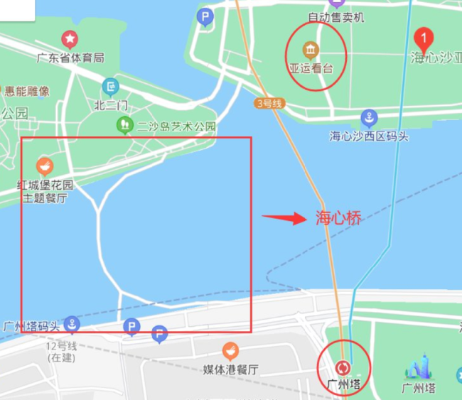 桥梁位于广州中轴线上,连接二沙岛和 广州塔.