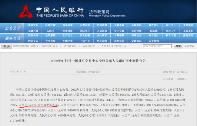 《中国外汇交易中心受权公布人民币汇率中间价公告,2022年9月7日