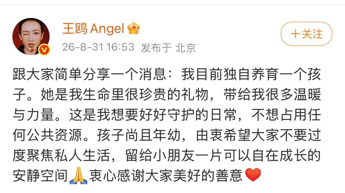 王鸥发文表示独自养孩子 呼吁给小朋友留安静空间