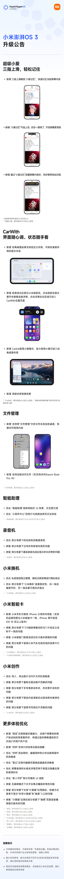 小米澎湃 OS 3 超级小爱、CarWith、文件管理等海量功能升级