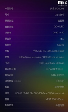 HKC 推出“27Q500B”26.5 英寸显示器：2K 500Hz QD-OLED、原生 10-Bit 色彩，4999 元