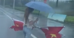 雨中赞歌！大雨中女子开车折返捡国旗