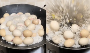女子盐焗40个多个鸡蛋准备补补身体，不料开盖秒变“炸蛋”