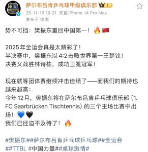 樊振东12月重返德甲 期待三场主场比赛