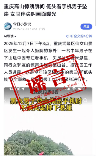 “武隆區(qū)仙女山景區(qū)一游客從百米懸崖墜下?”謠言