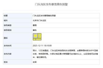 北京3区发布暴雪黄色预警 主要降雪时段为中午至前半夜