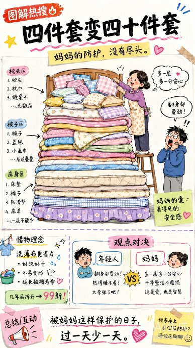 女儿吐槽妈妈把床上4件套变40件套 层层叠叠的爱