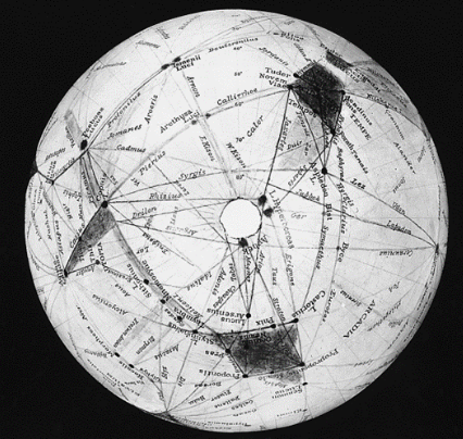 珀西瓦尔·洛威尔（Percival Lowell）在 1908 年绘制的火星地图。有人认为图上的线状物是由火星人建造的灌溉渠。《稀有地球：为什么复杂生命在宇宙中如此罕见》插图。