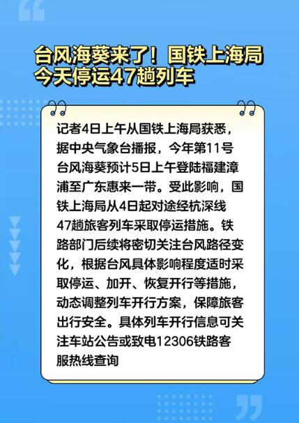 国铁上海局停运47趟列车 铁路部门后续将密切关注台风路径变化