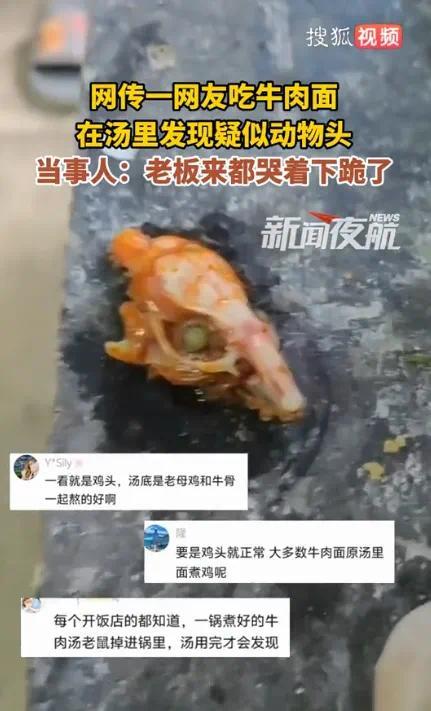 主顾在牛肉面里发现疑似动物头