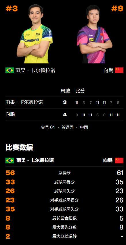 向鹏4-3淘汰雨果 国乒新星力克强敌