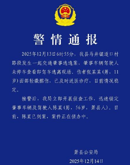 警方通報(bào)11歲男孩被撞案 肇事者已到案