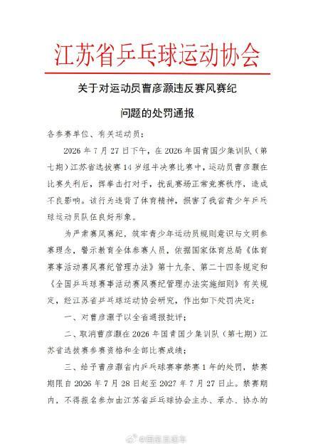 14岁乒乓球运动员失利后打人被禁赛