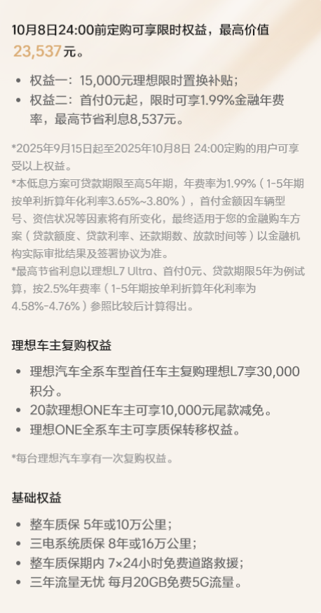 理想智能焕新版 L6 / L7 / L8 / L9 系列限时官方置换补贴 1.5 万元