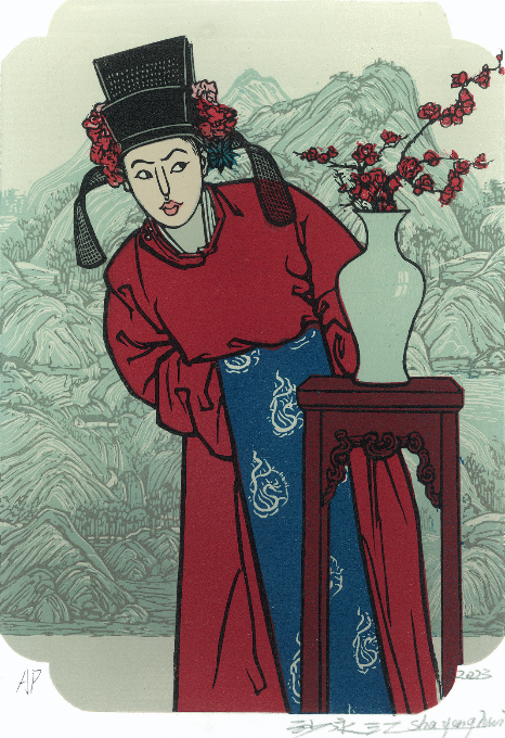 沙永汇 《红梅》 套色木刻 28x17cm 2023年