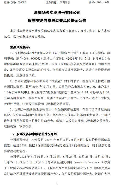 深圳华强发布风险提示 17天16板涨势过热