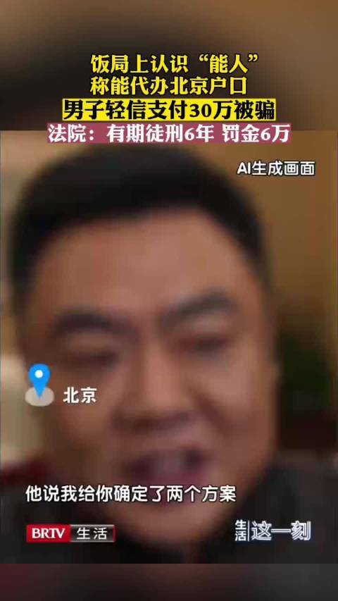 男子轻信能代办北京户口被骗30万 法院:有期徒刑6年,罚金6万