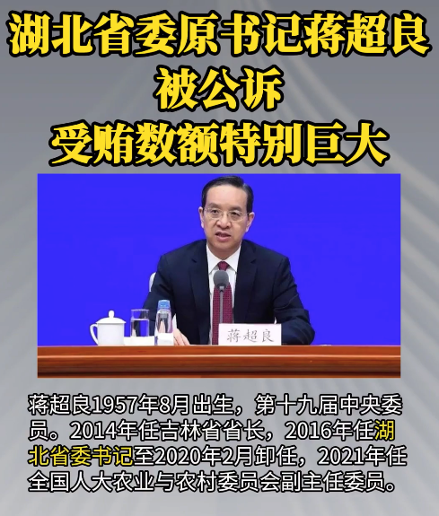 湖北省委原书记蒋超良被公诉，受贿数额特别巨大