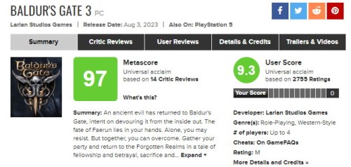 《博德之门3》M站97分超王国之泪 资本年评分最高游戏
