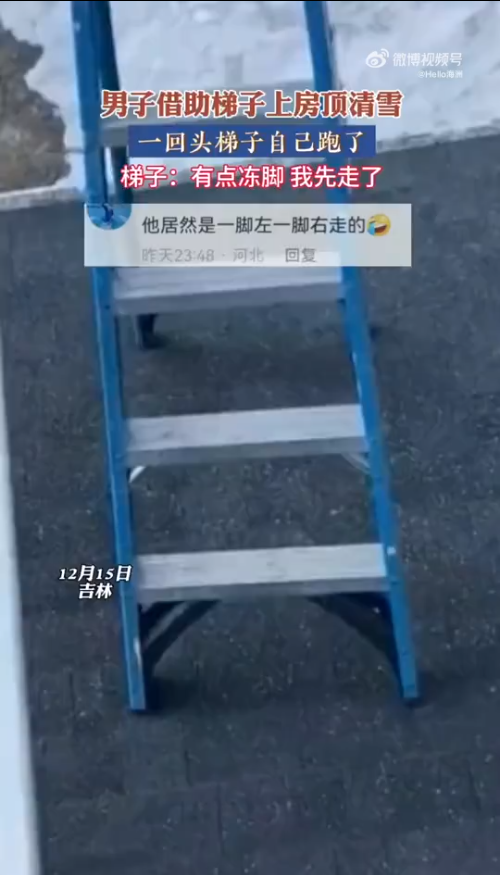 男子上房顶清雪 转眼一看梯子走了