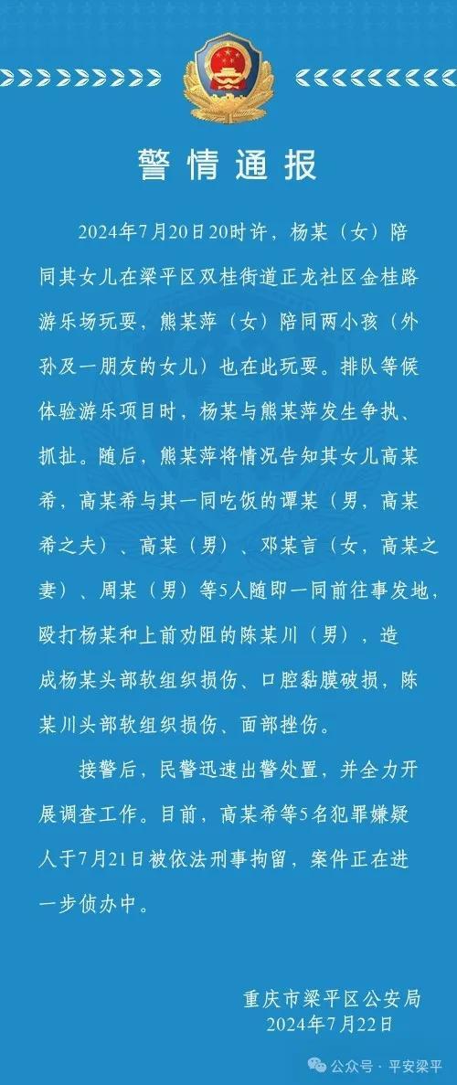 重庆警方通报游乐场打人:5人被刑拘