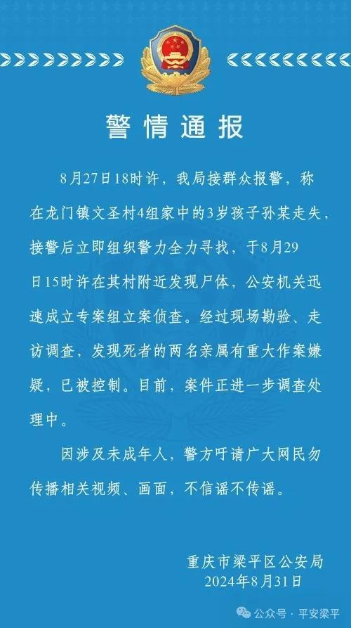 男童迷路后逝世两亲属有作案嫌疑 警方呼吁勿传谣