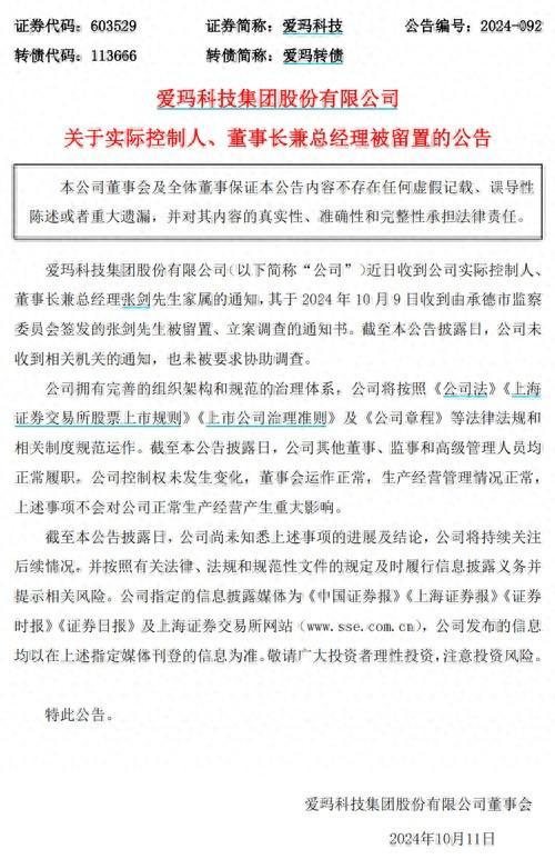 爱玛科技董事长被留置