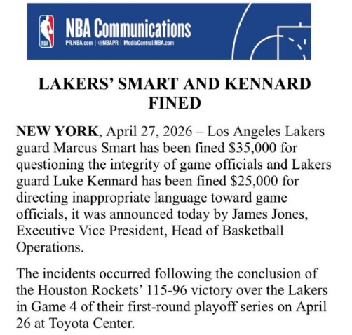 NBA罚单：斯马特质疑裁判公正性罚3.5万 肯纳德不当言论罚2.5万 争议判罚引关注