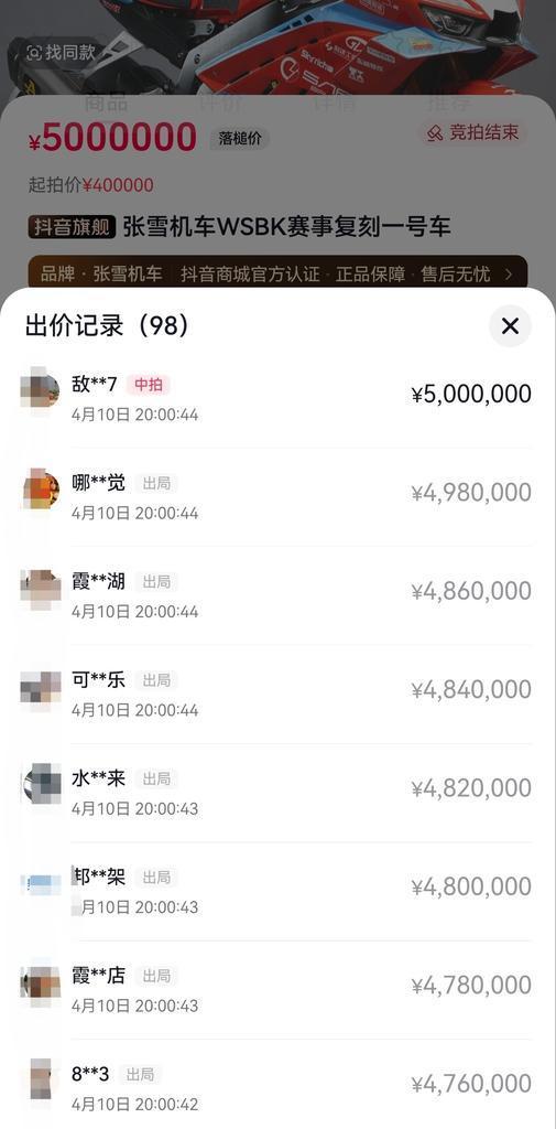 广东公司500万拍下张雪冠军复刻赛车 尾款已全部付清