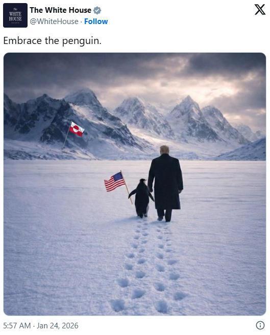 白宫发布“特朗普和企鹅漫步格陵兰岛"图，遭群嘲 地理知识引争议