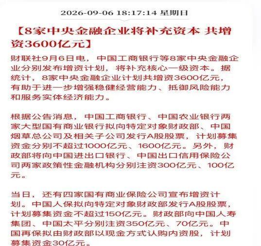 8家金融央企为何同日发布增资计划