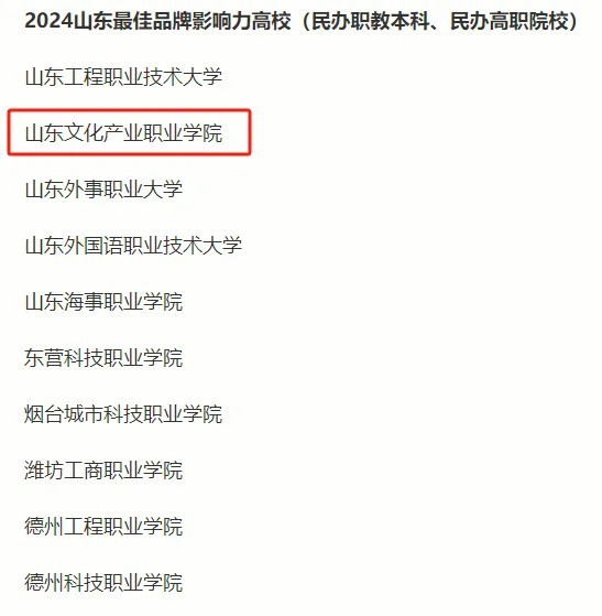 山东文化产业职业学院入选“2024山东最佳品牌影响力高校”榜单