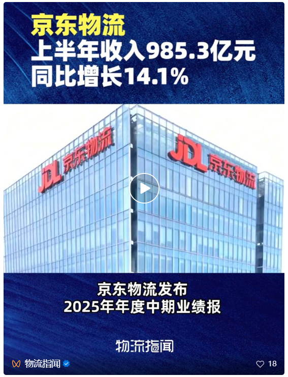 京东物流上半年总收入985.3亿元，同比增长14.1%
