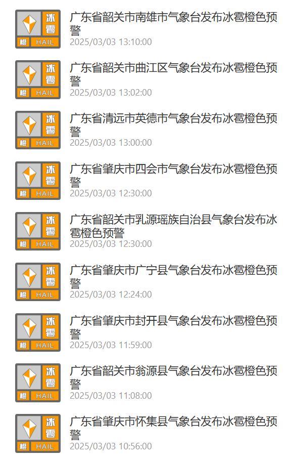 广东多地今年首发冰雹预警 强对流天气来袭