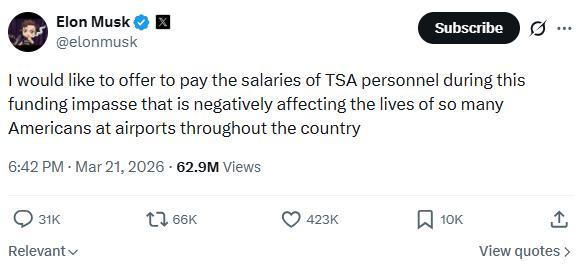 马斯克称愿意为TSA安检人员支付工资