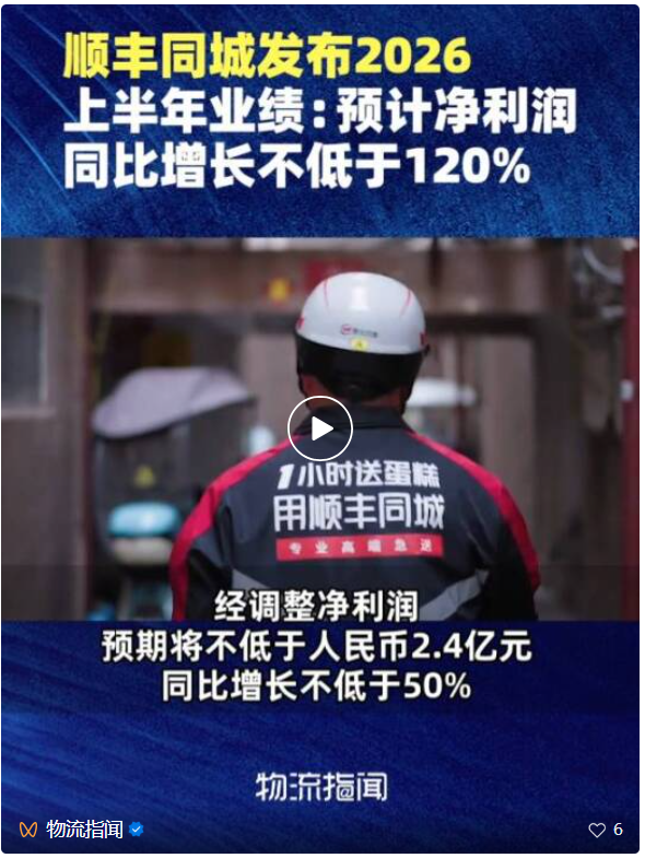 顺丰同城：预期上半年公司拥有人应占利润增超120%