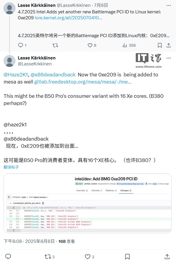 英特尔向 Linux 添加新 PCI ID,暗示将推出入门级 Arc B380 显卡