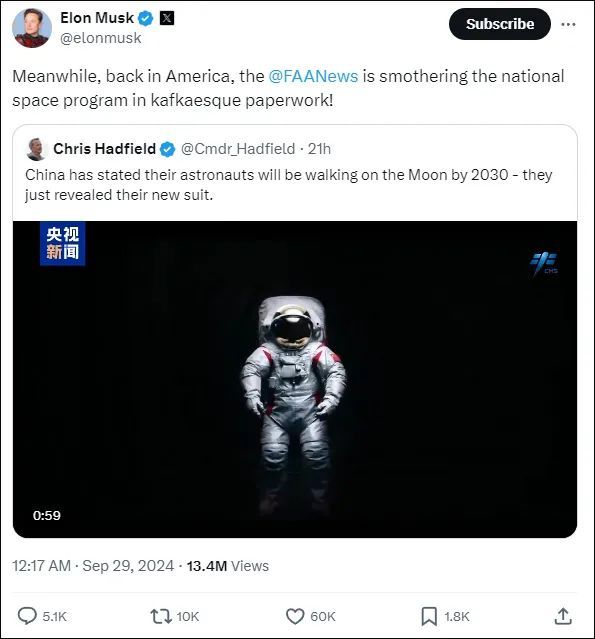 马斯克点赞中国登月服 盛赞背后，吐槽美国太空进展受阻