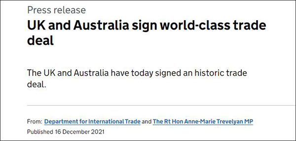 英澳签署自贸协定，英政府：将推动本国加入CPTPP