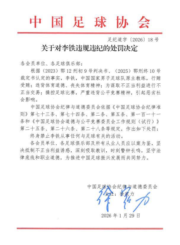 李鐵等73人終身禁止從事足球活動(dòng)