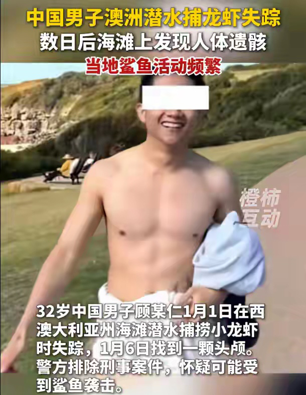 男子澳洲潜水失踪只找到头颅 疑遭鲨鱼袭击