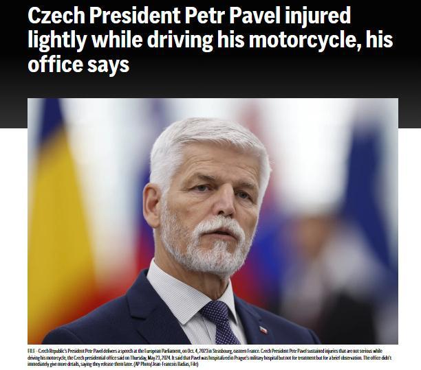 捷克总统骑摩托车受伤 正在接受入院观察