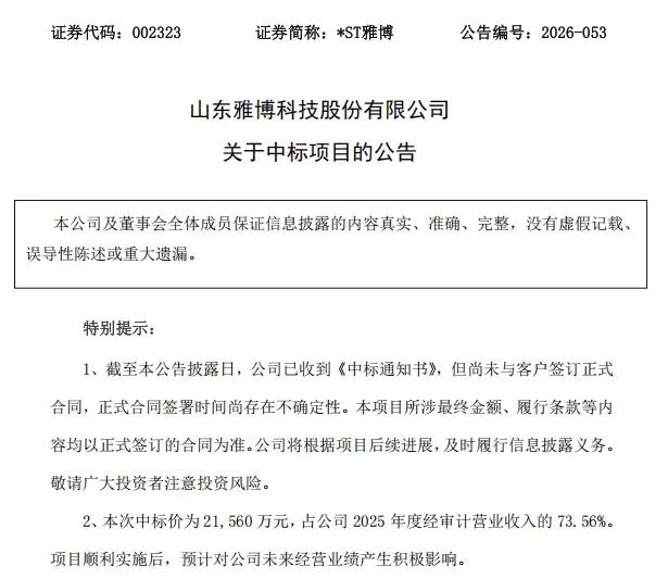 *ST雅博中标2.156亿元枣庄天旺储能项目,中标价占去年营收超七成,正式合同尚未签订