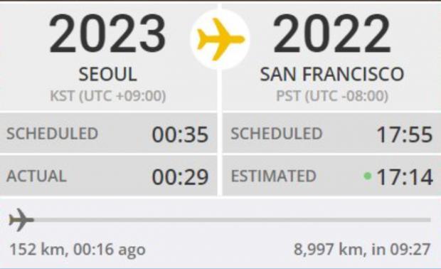 美一航班2023年起飞落地回到2022年 像是坐上时光机了