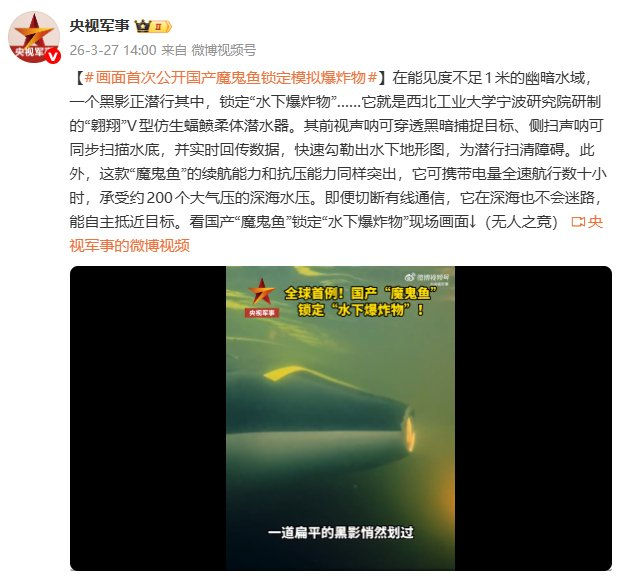 国产“魔鬼鱼”锁定“水下爆炸物” 首次公开现场画面
