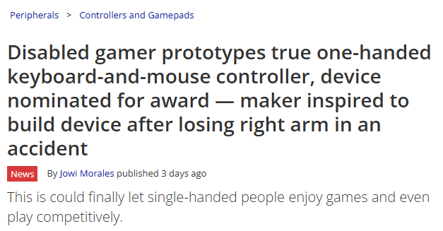 单手玩家打造单手游戏控制器引热议 键盘鼠标摇杆功能全融合