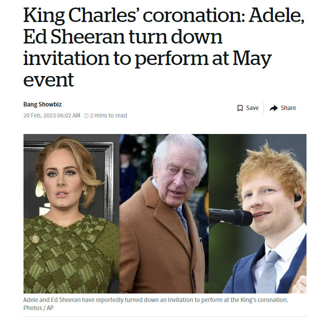 查尔斯国王加冕礼阿黛尔拒绝献唱 哈卷或成顶梁柱