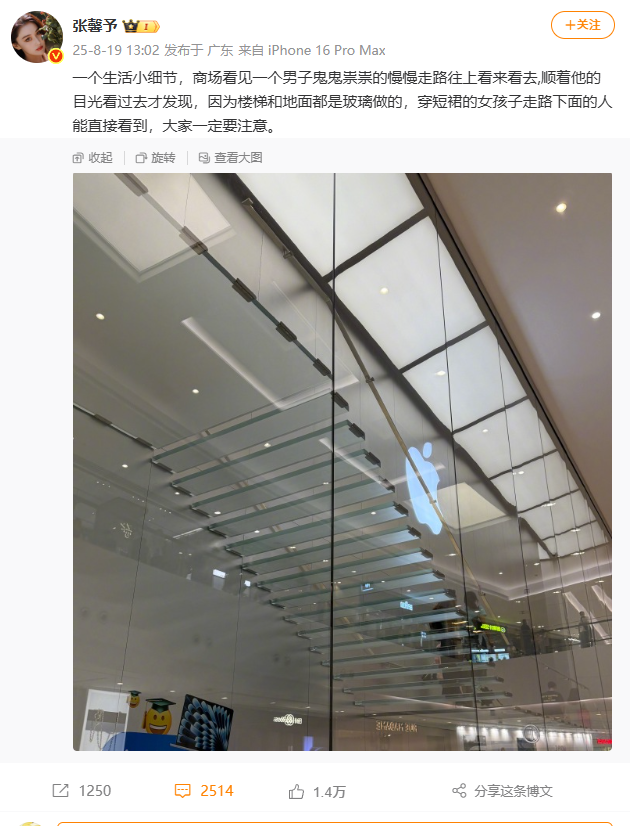 张馨予提醒走玻璃楼梯小心走光