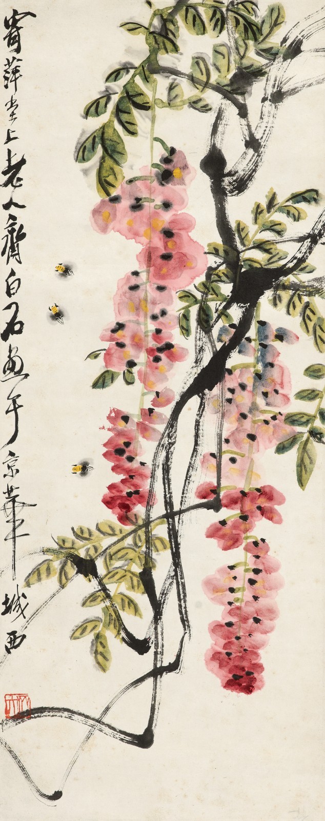齐白石(1864-1957)紫藤蜜蜂图设色纸本  立轴